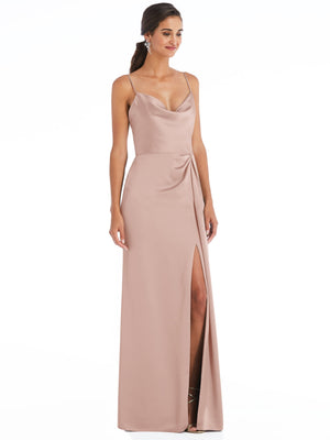 Powder pink cowl-neck draped wrap maxi dress with front slit and spaghetti straps