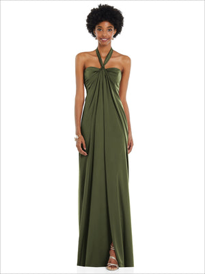 Draped satin grecian column gown in olive green with convertible halter straps and draped bodice.