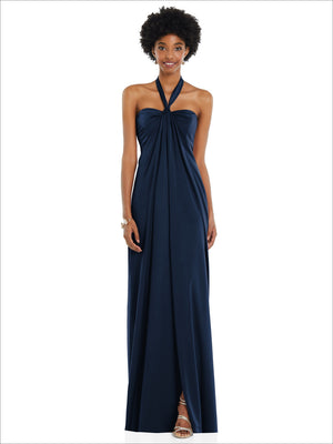 Draped satin Grecian column gown with halter convertible straps, dark navy-blue.