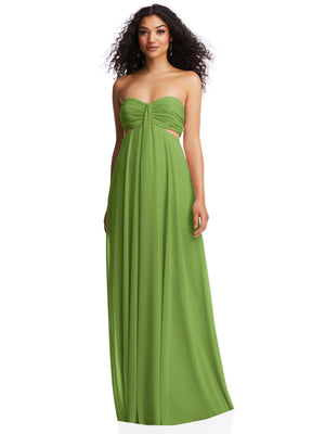 Green strapless empire-waist maxi dress with gathered sweetheart bust