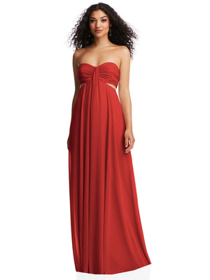 Red strapless empire-waist maxi dress with front bow and ruched bodice