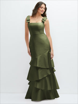 Olive satin maxi dress with bow-shoulders and asymmetrical tiered skirt, sleeveless