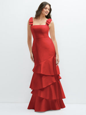 Red satin maxi dress with bow-shoulders and asymmetrical tiered ruffle skirt