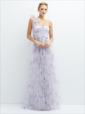 Lilac floral tulle one-shoulder dress with scarf tie, long full skirt
