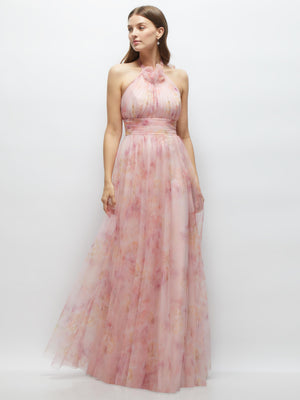 Rose pink floral tulle halter dress with tie-back and rosette neckline, flowing long skirt