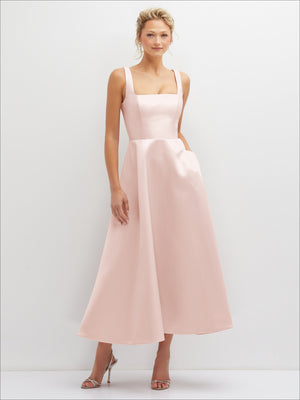Blush pink satin midi dress with square neckline and full gathered skirt