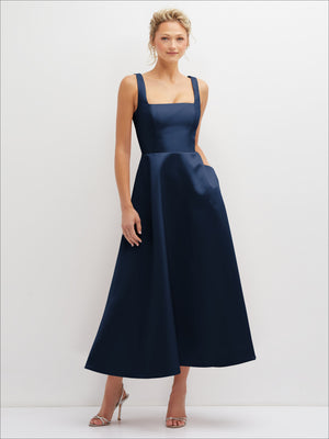 Navy satin square-neck midi dress with full skirt