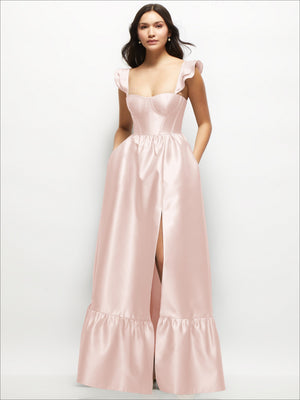 Blush satin corset maxi dress with ruffle straps, sweetheart bodice, front slit