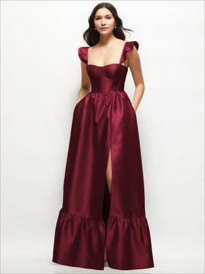 Deep plum satin corset maxi dress with ruffle straps, sweetheart bodice, front slit