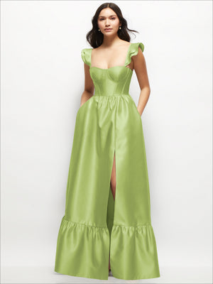 Satin corset maxi dress with ruffle straps and sweetheart neckline, lime green long skirt