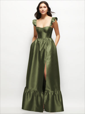 Satin corset maxi dress in olive green, ruffle straps, front slit, tiered skirt