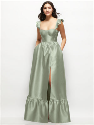 Mint green satin corset maxi dress with ruffle straps and tiered ruffle hem