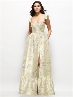 Cream floral satin corset maxi dress with ruffle straps, tiered skirt and front slit