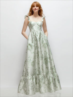 Sage green floral satin corset maxi dress with ruffle straps and tiered skirt
