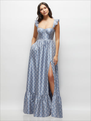 Chambray floral corset maxi dress with ruffle straps and front slit skirt