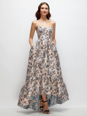 Strapless corset floral brocade dress with layered ruffle hem, indigo and gold tone
