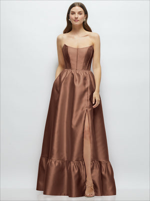 Chocolate-brown strapless satin maxi dress with boned bodice and ruffled hem