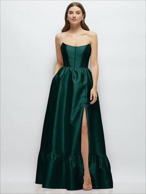 Deep green strapless maxi dress with fitted bodice, side slit, and ruffle hem