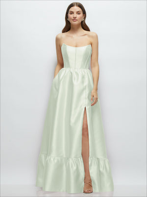 Pale mint strapless maxi dress with fitted bodice, side slit, and ruffled hem