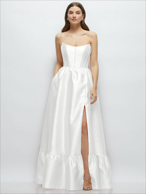 White strapless maxi dress with boned bodice and side slit, ruffle hem