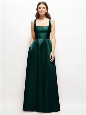 Dark green satin square-neck maxi dress with full skirt, sleeveless