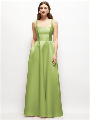Square-neck satin maxi dress in lime green with full gathered skirt