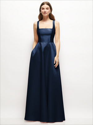 Dark navy square-neck satin maxi dress with full skirt, sleeveless, fitted waist