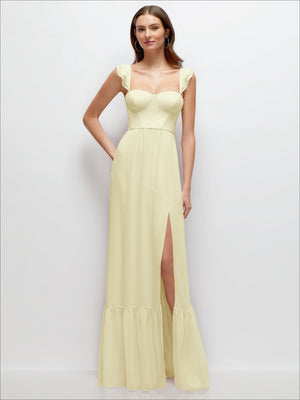 Butter yellow ruffle-strap chiffon maxi dress with bustier bodice and ruffle hem, side slit