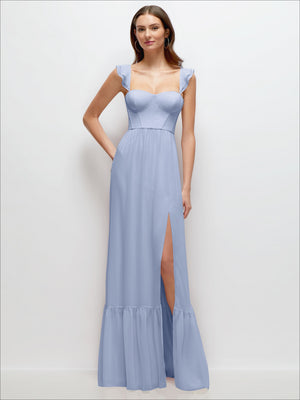 Sky blue ruffle-strap chiffon maxi dress with bustier bodice and ruffle hem, side slit