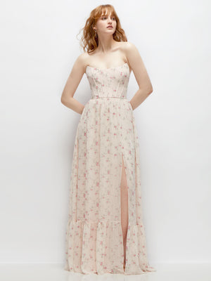 Strapless corset maxi dress with ruffle hem, pink floral print on light mist