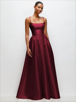Satin maxi dress in deep plum, scoop neck, fitted bodice with gathered basque waist