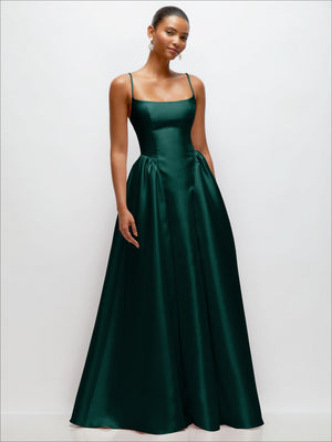 Deep green satin cami maxi dress with basque waist seam and draped gathered skirt