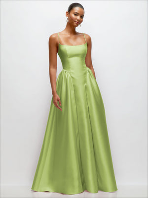 Satin maxi dress with thin straps and basque waist, light lime green satin skirt.