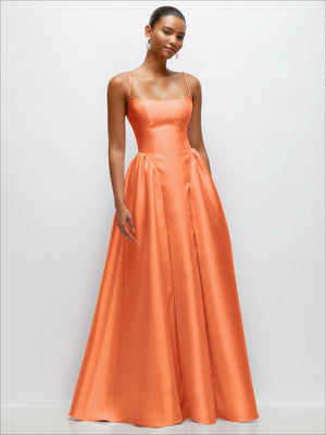 Satin maxi dress in coral-orange, fitted bodice with gathered basque waist and full skirt