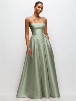 Satin maxi dress with thin straps and basque waist, sage green satin skirt.
