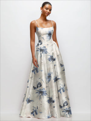 Blue floral satin maxi dress, thin straps and scoop neckline, gathered waist