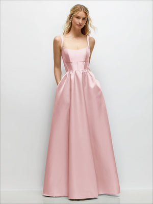 Rose-pink satin maxi dress with scoop neck, gathered waist, thin straps