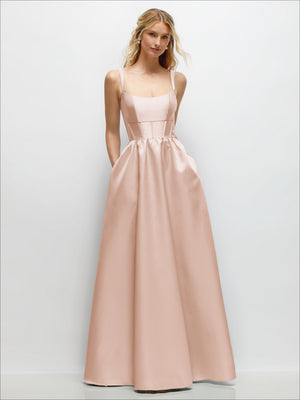 Blush satin corset maxi dress with scoop neckline, fitted bodice, and gathered skirt