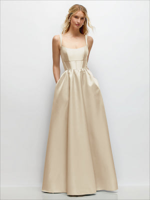 Champagne scoop-neck corset satin maxi dress with gathered waist and thin spaghetti straps
