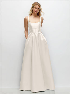 White satin corset-style maxi dress with scoop neckline and thin spaghetti straps