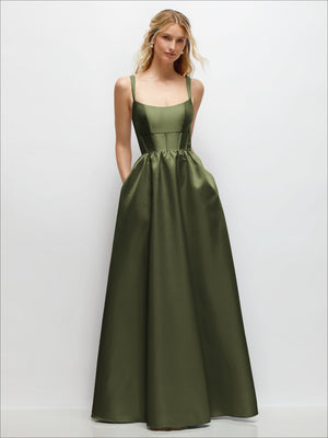 Satin corset maxi dress with scoop neckline, olive green, gathered bodice and thin straps.