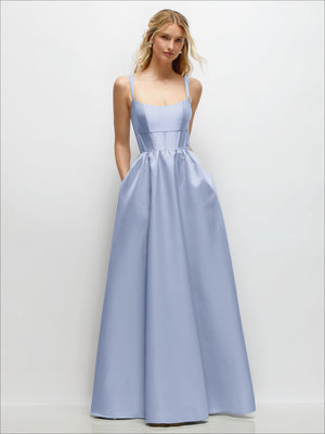 Scoop neck satin maxi dress with pockets, light blue, gathered waist corset