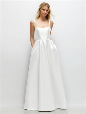 White satin corset-style maxi dress with thin straps and scoop neckline
