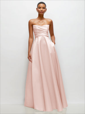 Blush strapless satin maxi dress with draped sweetheart bodice and full skirt