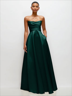 Deep green strapless satin maxi dress with draped bodice and gathered full skirt.