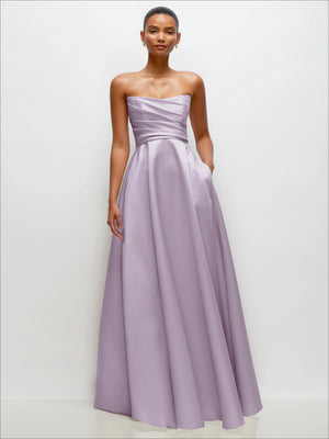 Lilac strapless draped satin maxi dress with full gathered skirt and bow-like drape