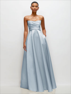 Light blue strapless draped satin maxi dress with fitted bodice and voluminous full skirt