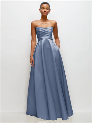 Powder blue strapless draped satin maxi dress with full gathered skirt