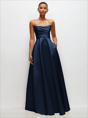 Navy strapless satin maxi dress with draped bodice and full A-line skirt