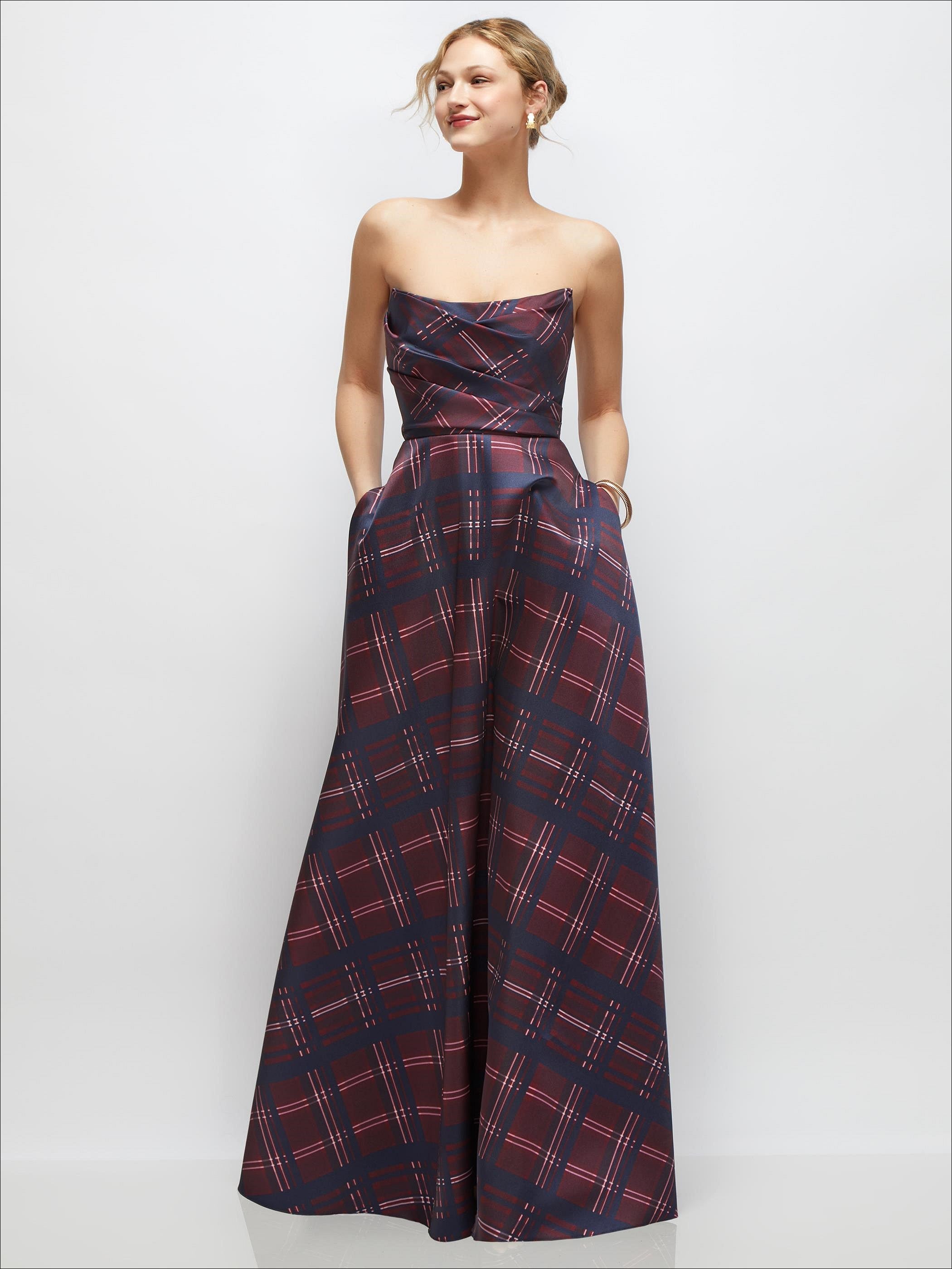 tartan bridesmaid dresses uk Strapless Draped Cat-Eye Satin Maxi Dress with Full Skirt celtic traditional scottish wedding dresses
